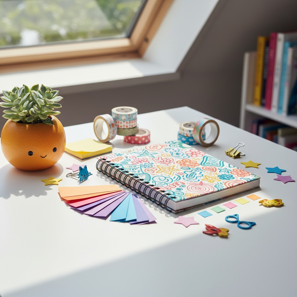 A collection of colorful washi tape, sticky notes, and a notebook on a white desk in front of a window.